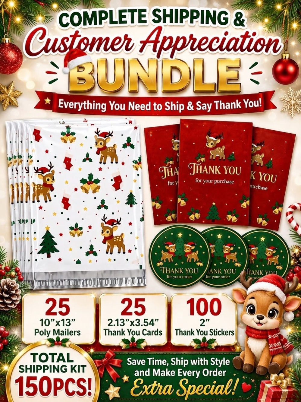 150pc Bundle: 25 Poly Mailers, 25 Cards & 100 Stickers